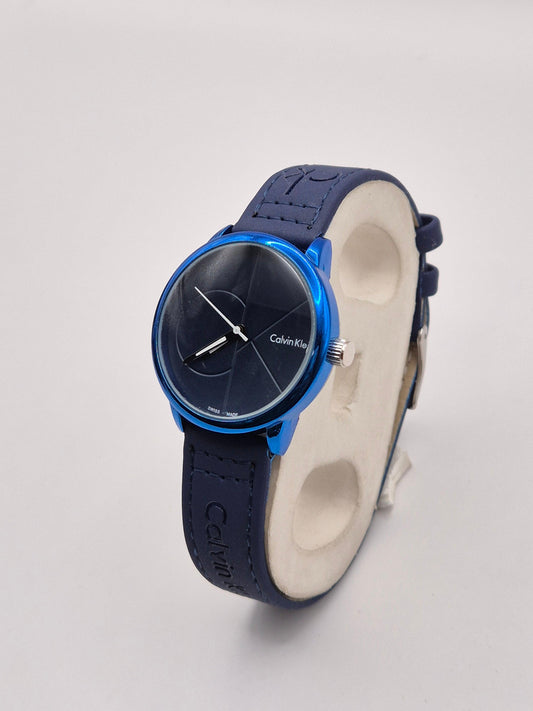 Calvin Klein Blue and Black Leather Watch with Silver Accents!