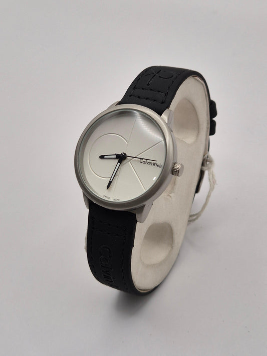 Calvin Klein Silver Watch with Black Leather Band!